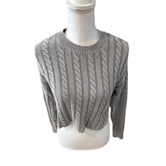 Aerie Cropped Cable Knit Crewneck Sweater Gray S - Picture 2 of 6